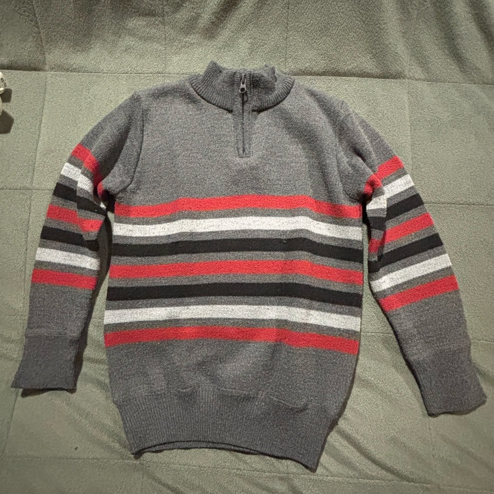 Boys Gray Half-Zip Sweater with Red & Black Stripes